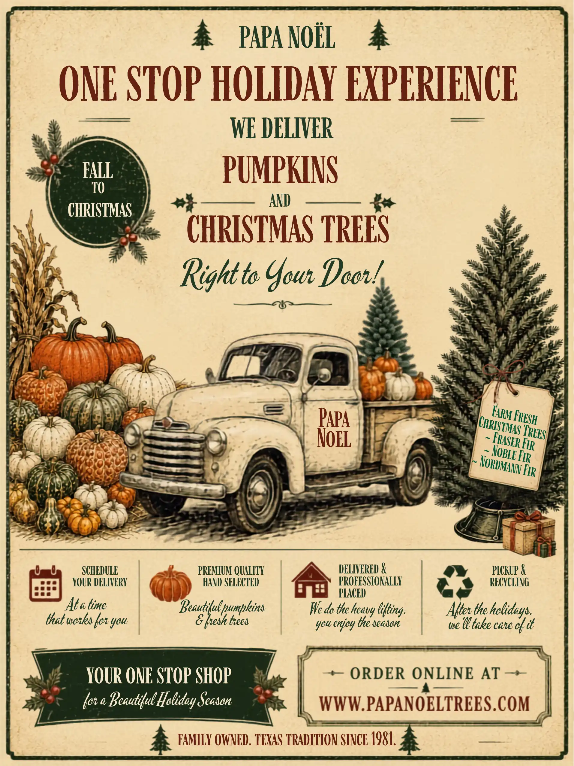 Vintage-style Papa Noel holiday advertisement featuring pumpkins, Christmas trees, a delivery truck, and messaging about pumpkin and Christmas tree delivery, with seasonal services and online ordering information.