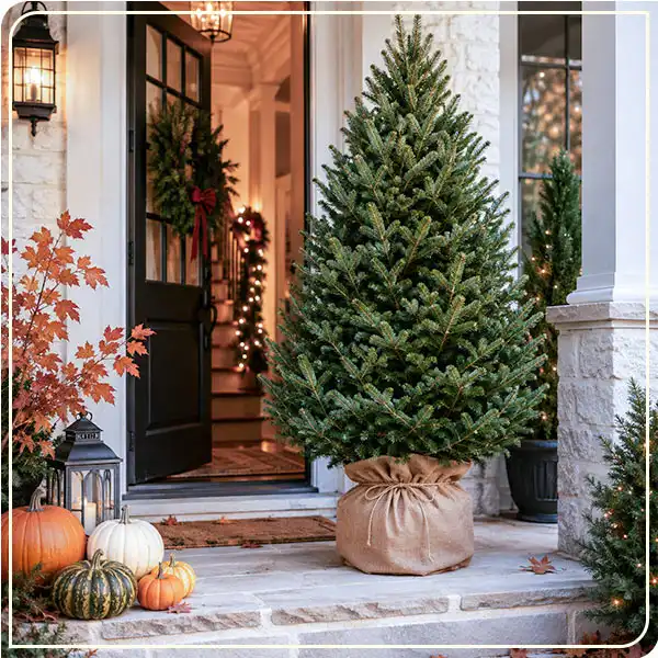 Papa Noël fall doorstep display with assorted pumpkins and a fresh Christmas tree welcoming guests at a warmly lit home.