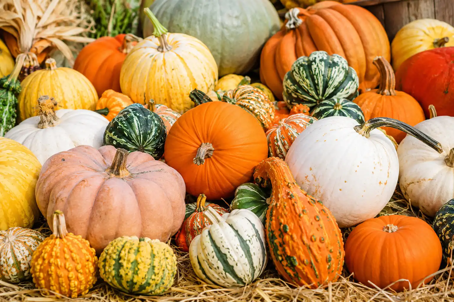 Colorful assortment of pumpkins and gourds in various shapes, sizes, and colors arranged on straw.